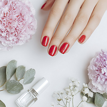 nail artist applying red polish on womans hand in beauty salon with flowers and cosmetic bottles on white table.